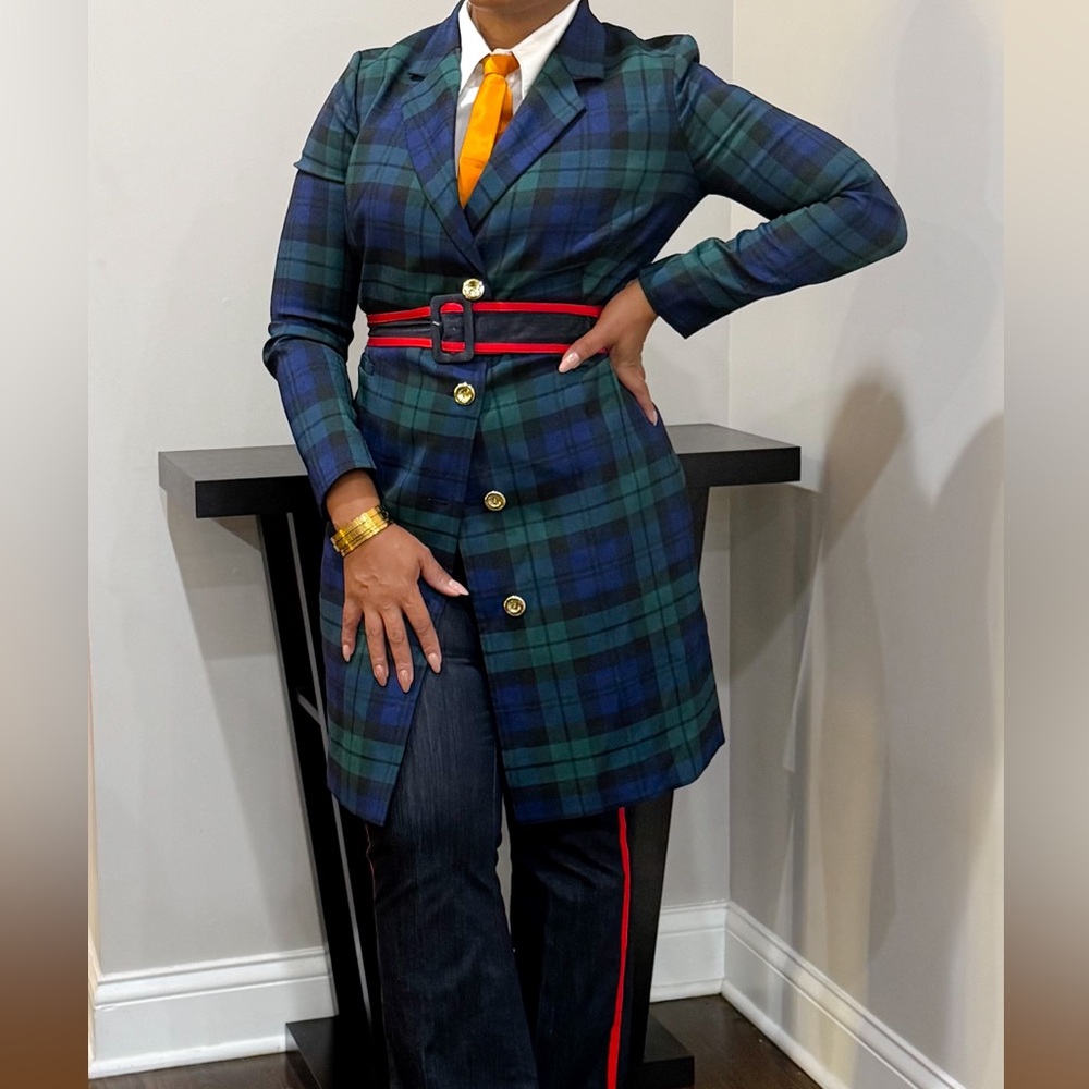 Tahari ASL Blue Plaid Long Sleeve Dress